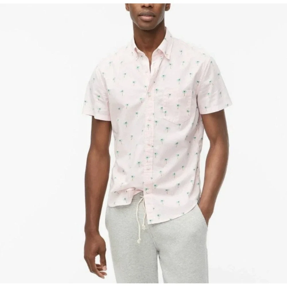J.Crew Men Short-Sleeve Flex‎ Casual Shirt Slim Fit Pink Palm Tree Resort XXL